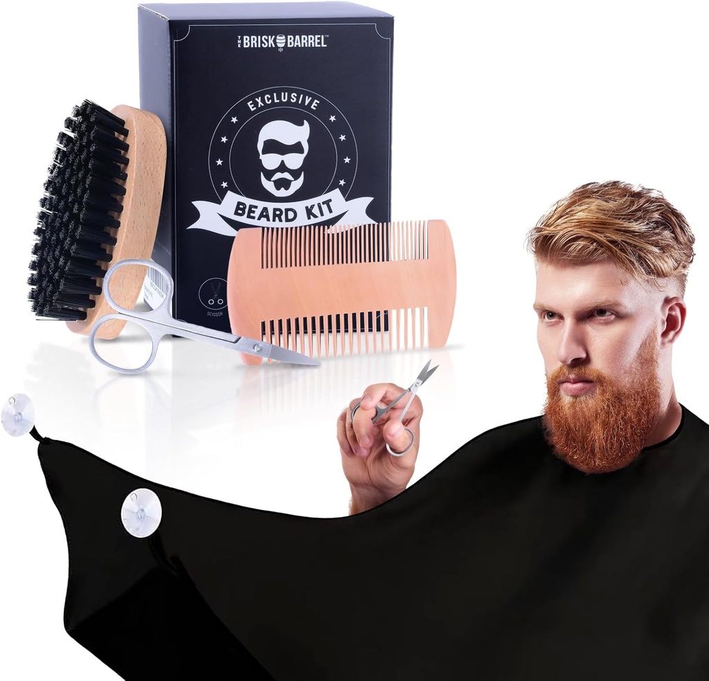 Beard Grooming Kit for Men 4 in 1. Beard Brush ו Comb Set with Messy Free Bib Apron, מוסטפא סקיסרסors. מברשת טבעית ופעולה כפולה. חדר השינה של גברים מתנה לבעל