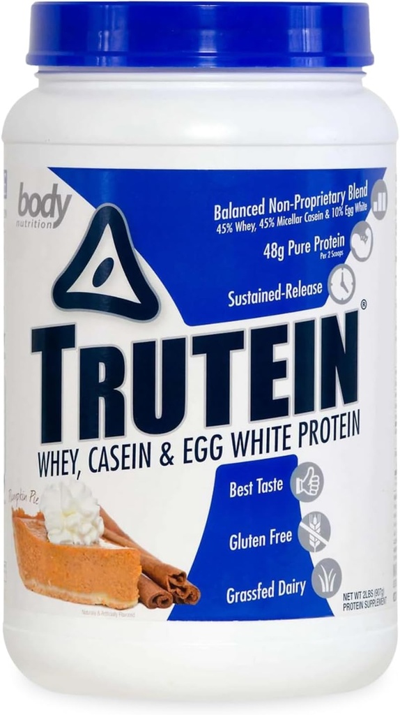 אבקת חלבון גבוהה גוף Trutein גבוה חלבון אבקה: 45% Whey, 45% מקרהין, 10% ביצה לבן, Gluten-Free, Low Sodium, Grass פד Whey חלבון אבקת, תוספת של התעמלות & ארוחת בוקר Shake, Pumpkin Pie, 2lb