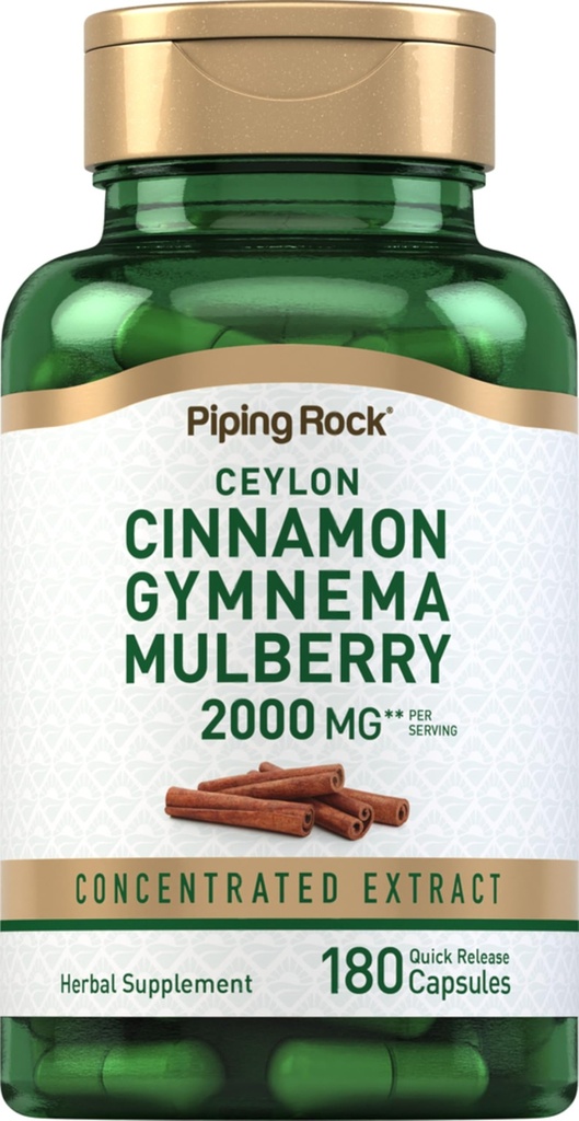 Piping Rock Ceylon Cinnamon Gymnema Mulberry Complex | 2000 מ"ג | 180 קפסולות | Herbal Supplement | Concentrated Extracted Extract | Non-GMO, Gluten Free