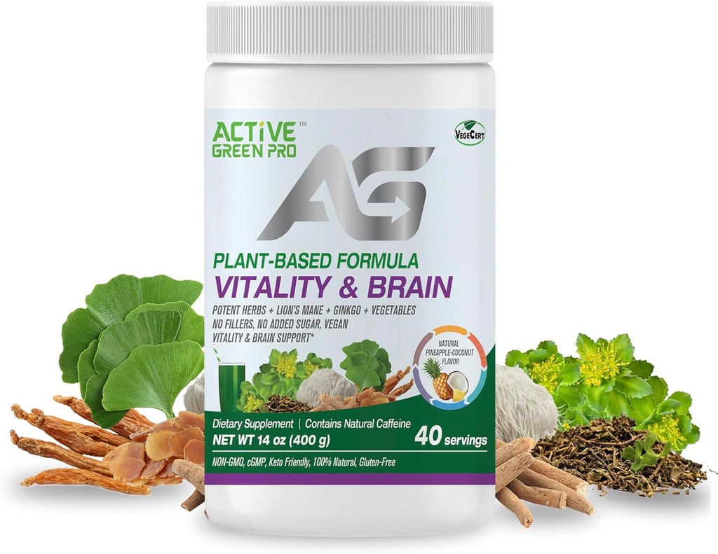 Vitality & Brain אבקת, בלגן של הצלעות הסינרגיסטיות, אריה מאן, גינקו וירקות, פורמולה מבוססת צמחים, No Fillers, No Sugar הוסיף - 40 משרתים