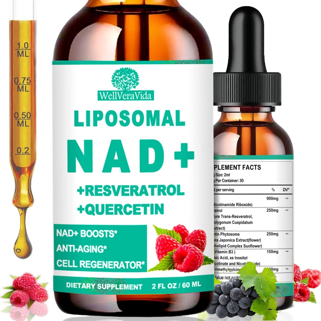תוספי NAD עבור נשים וגברים, Liposomal NAD Nicotinamide Riboside Resveratrol 900 מ"ג, TMG, Quercetin, ויטמין B3, נוזל NAD Resveratrol תוסף עבור Longevity, Energy, Anti-Aging, Focus, Focus G, Quercetin, ויטמין B3, אורגני NAD Resveratrol תוסף עבור Longevity, Energy, אנרגיה, Anti-Aging, Anti-Aging, Focus, Focus, Focus.