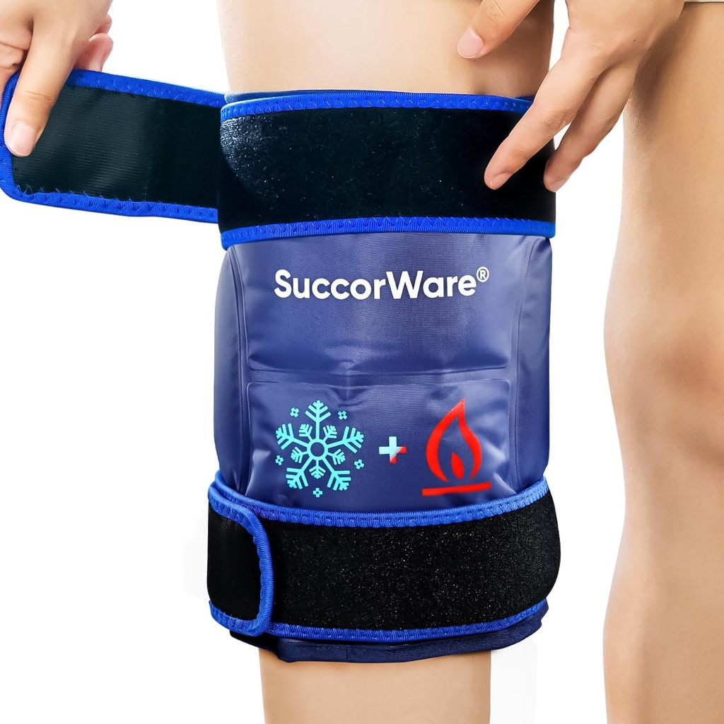 חבילת הקרח הברך Wrap for Injuries Reusable - Hot & Cold Gel Bags for Leg, Back, Shoulders, Arms, Elbow Injuries, Pain Relief, Swelling, Kneeהחלפה Surgery( הצי הכחול)