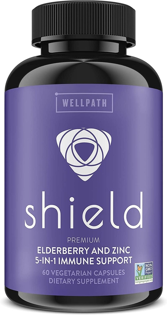 WellPath Shield Elderberry קפסולות - 5-in-1 Immune Support Booster with Zinc, ויטמין C, Echinacea, Bee Propolis - Premium Zinc תוסף - 600 מ"ג Sambucus Black Elder Pillberrys למבוגרים - 60 Ct