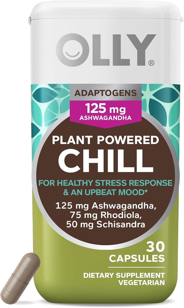 OLLY Chill Fitogen, Ashwgandha, Mood תומך תוספת עם Rhodiola Root, Vegetarian קפסולות - 30ctct