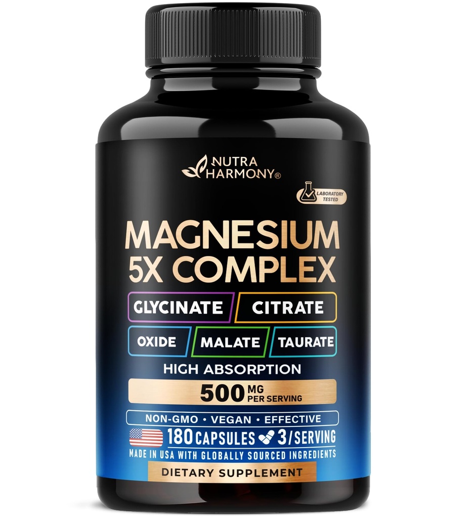 תוספת מגנזיום - 5 ב 1 מורכב | Glycinate | Citrate | Malate | Turate | Turate | Turate | Turate | Oxide - Made in USA - Stress, השרירים & Heart Support - טבעוני, טבעי, non-GMO - 180 קפסולות, 2 חודשים היצע אספקה