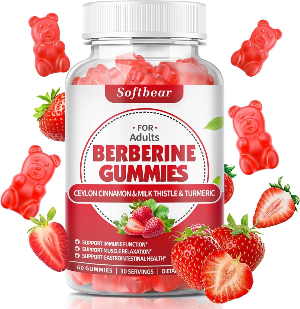 רכות ברברין עם Ceylon Cinnamon Gummies אורגני Berberine HCL 1500 מ"ג עבור Metabolism Immune Health Sugar-Free Berberine תוספי Strawberry Flavored 60 הרוזן ספירה