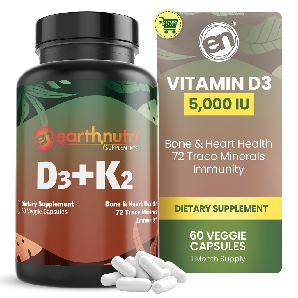 ויטמין D3 K2 תוסף 5000 IU - כולל K2 מ MENA Q7, D3 מ Vitashine, Calcium מ Aquamin & 72 Trace מינרלים - עבור Imm, Bone & Heart Health - non-GMO - 60 ואג קפסולות