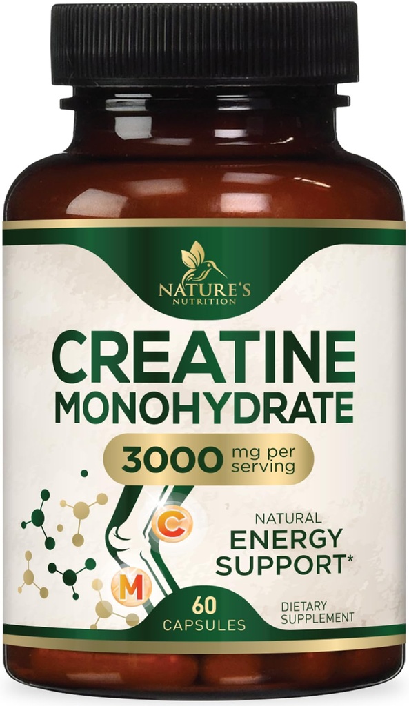 Creatine Monohydrate קפסולות 3000 מ"ג - אבקת קריאטין המיקרונית הטובה ביותר - תומכת שריר Lean, כוח, אנרגיה, אנדורנס - תוסף הטבע, Non-GMO, Gluten חינם לנשים וגברים - 60 קפסולות