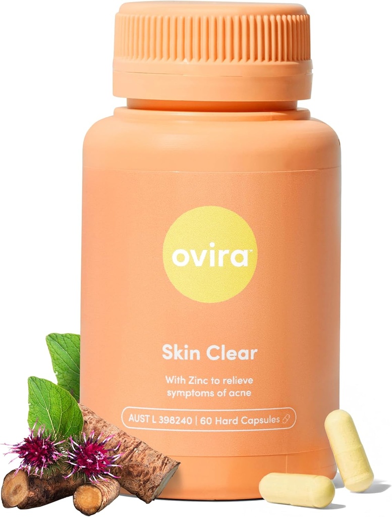 Ovira Skin Clear עם ZINCBRIGHT - 60 קפסולות עבור Clear & Glowing Skin | Rosacea & Hormonal Acne טיפול בוויטמין C | תמיכה בייצור משותף | Acnes for Women & Men - Pack of 1