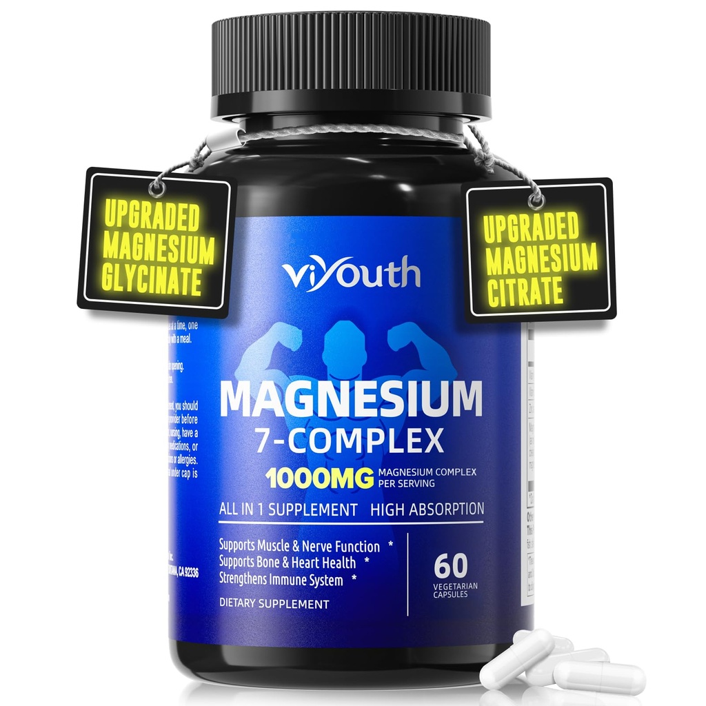 Magnesium 7 מורכב תוספת מתקדמת עם Glycinate Citrate Malate Chelate Turate Orotate Aspartate, קפסולות עם Zinc, ויטמין D3 & B6 לשינה, כאבי שרירים, 60 קפסולות