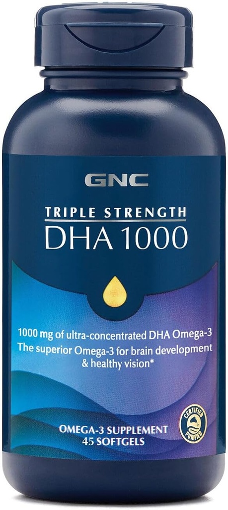 GNC משולש כוח DHA 1000 אומגה 3 תוסף 1000 מ"ג DHA, תומך בפיתוח המוח וחזון בריא, 45 Softgels