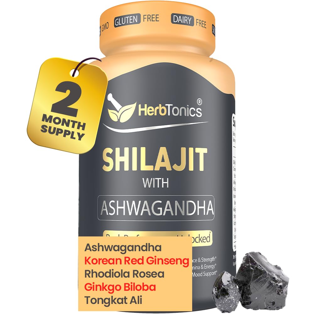 Herbtonics Shilajit עבור גברים ונשים עם Ashwgandha, קוריאני Red גינזנג, Rhodiola Rosea, גינקו בילובה, Tongkat Ali | Fulvic Acid & Trace מינרלים for Stamina & Immunity | 60 כמוסות טבעונית