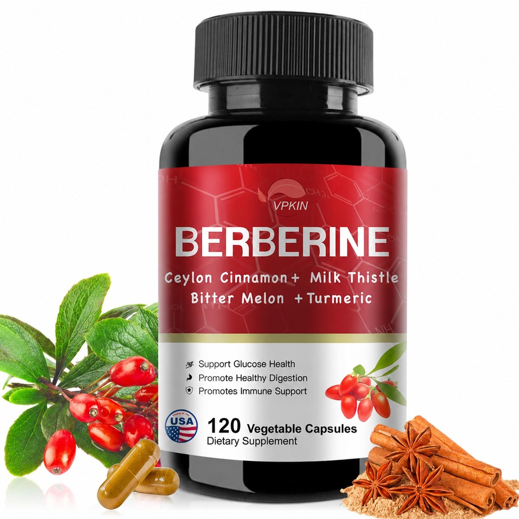 ברברין תוספת 19,060 מ"ג,Berberine עם Ceylon Cinnamon,Bitter Melon,Milk Thistle, Berberine HCl Supplement (120 קפסולות)