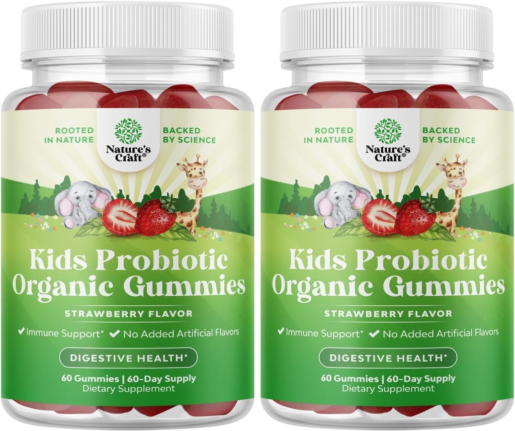 Natures Craft USDA אורגני Probiotics לילדים - טבעונים שאינם GMO ילדים פרוביוטיים ויטמין חניכיים עבור Immunity ו- Digestive Health - Gentle 2.5B CFU אורגני Probiotics Strawberry Flavor (4 חודשים)