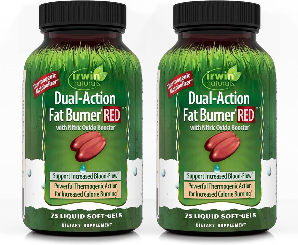 Irwin Naturals Double-Action Fat Burner RED - 75 נוזל Soft-Gels, Pack of 2 - Powerful Thermogenic with Nitric Oxide Booster - 50 Totalשרתים