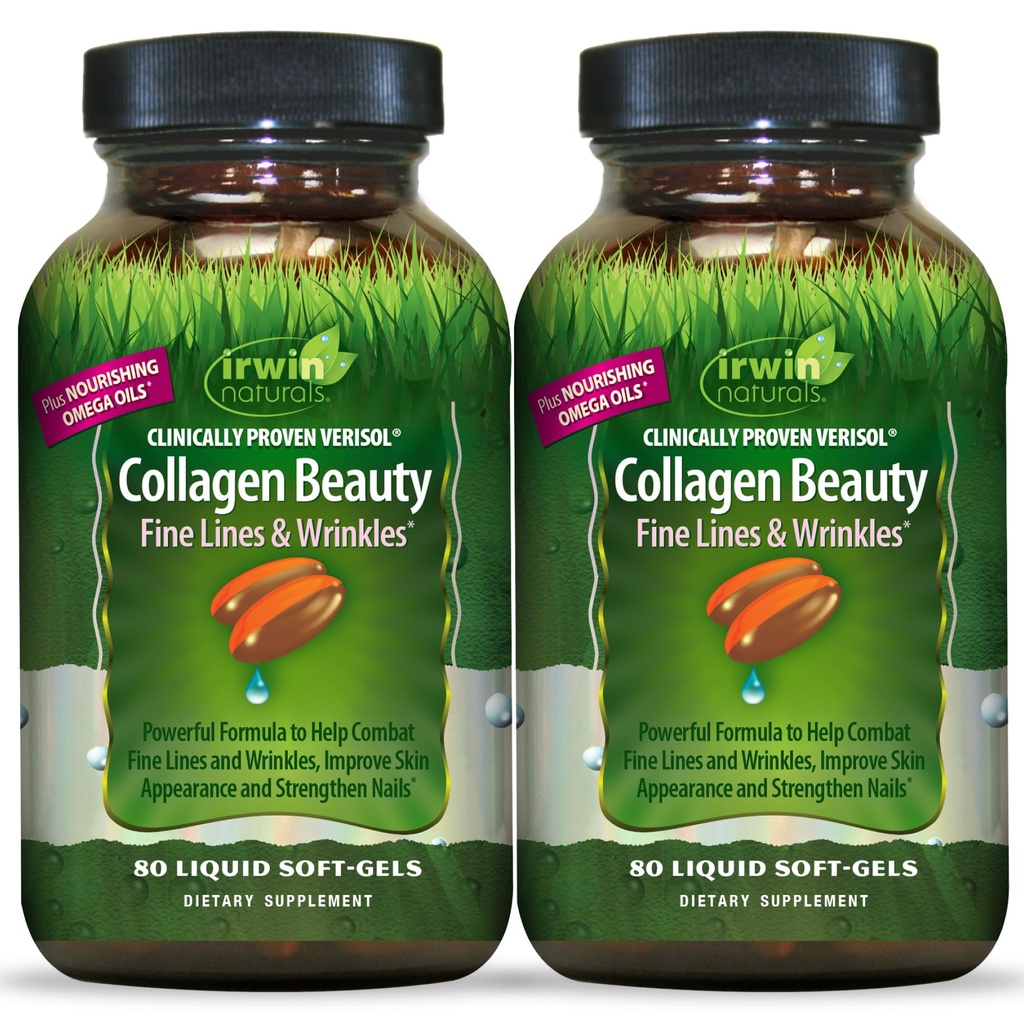 Irwin Naturals Collagen Beauty - 80 נוזל Soft-Gels - Advanced Skin, Hair & Nail Nourishment - 2 Pack