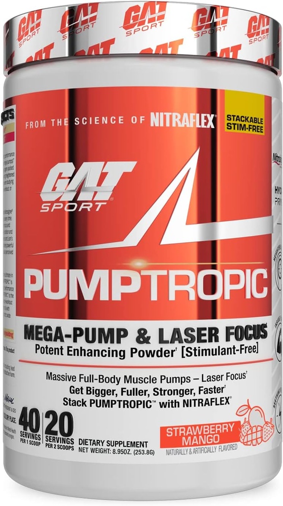 GAT Sport Pumptropic Mega-Pump & לייזר פוקוס אבקת Enhancing (Stimulant-Free), 40 משרתים (Strawberry מנגו)