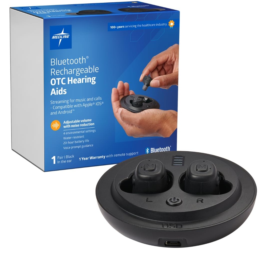 Medline Bluetooth Rechargeable OTC Hearing Aids, in-The-Ear, 4 Environmental Settings, Water Resistant, Adjustable Volume, Mild to Moderate Hearing Loss, Noise Reduction, Earbud Hearing Aids