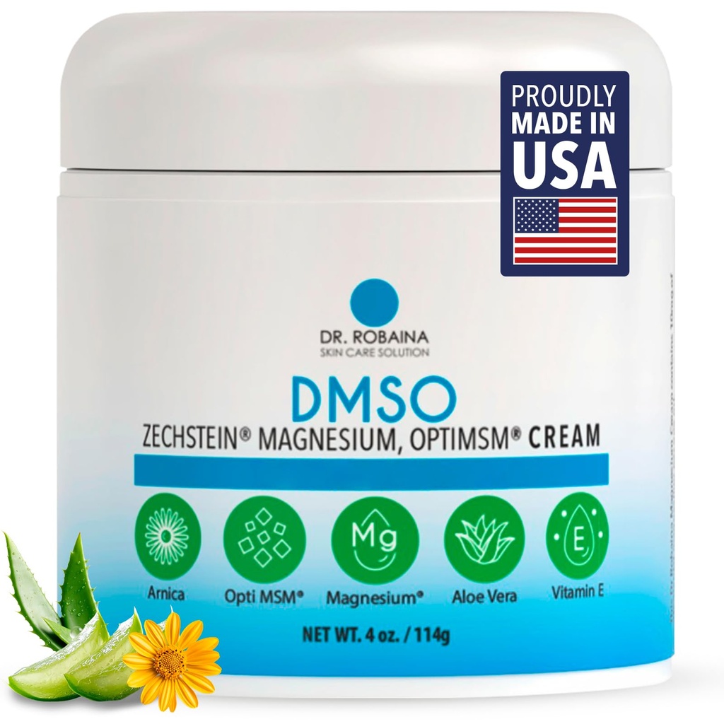 Dr. Robaina DMSO Cream - 99.9% Pure פרמצבטיות טהורה | Skin Relief Formula with Zechstein Magnesium, Arnica, Aloe Vera, E | שריר ונוחות משותפת | 4 oz | Made in USA