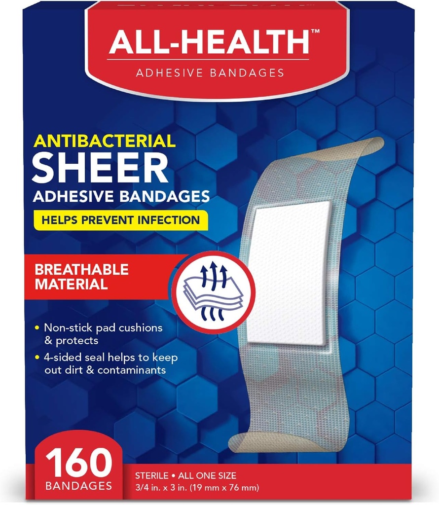 All Health Antibacterial Sheer Adhesive Bandages, 3/4 ב- x 3 ב, 160 ct | מסייע למנוע זיהומים, תוספת הגנה נוחה גדולה עבור עזרה ראשונה ו Wound Care