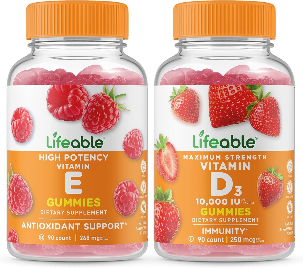 ויטמין E + ויטמין D 10000 IU, חניכיים Bundle - גדול Tasting, ויטמין תוסף, Gluten חינם, GMO חינם, Chewable Gummymymymy