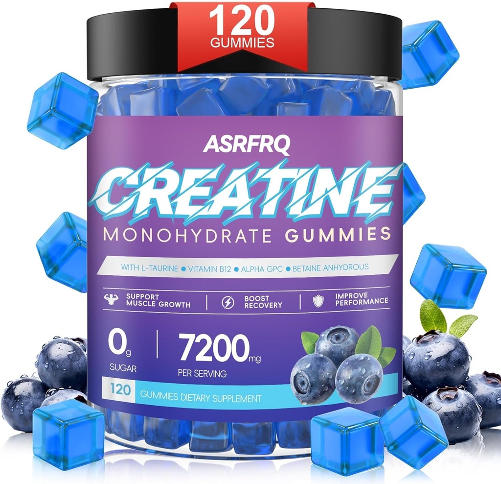 Creatine Monohydrate חניכיים עבור גברים ונשים 120 CT - 7200 מ"ג של Creatine Monohydrate לשרת, Chwable Creatine Monohydrate עבור תמיכה שרירים & אנרגיה Boost, סוכר חינם, טבעוני (BlueFlavor)