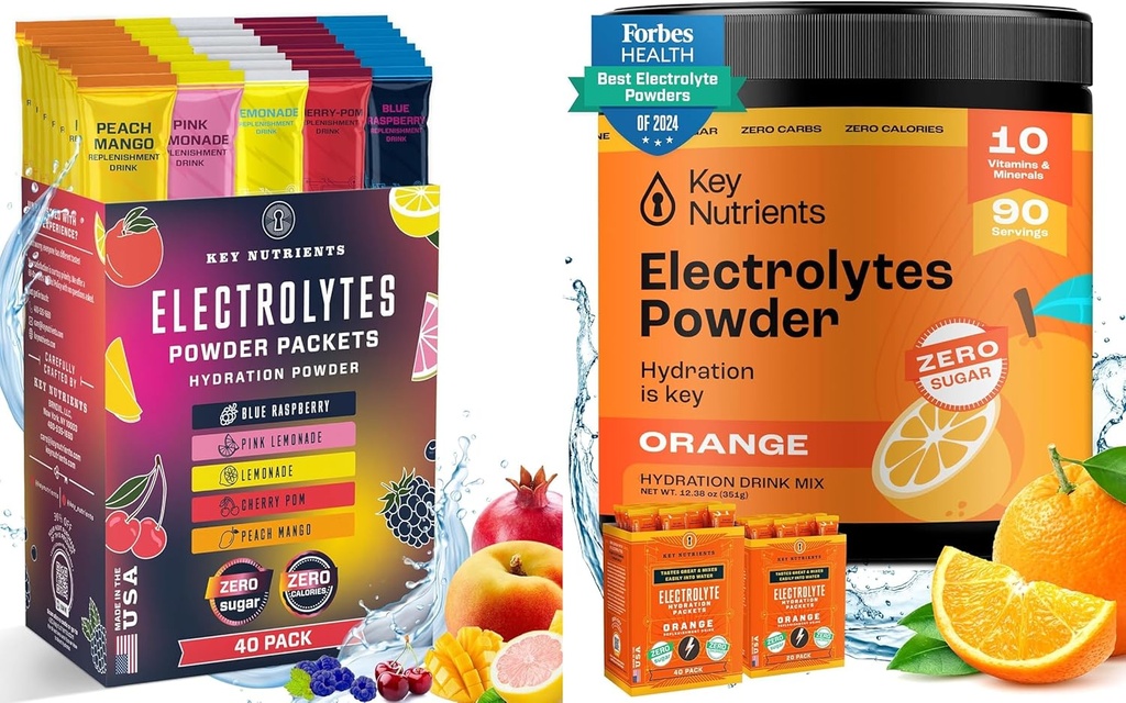 KEY NUTRIENTS Ultimate hydrotion & Recovery Bundle: 40 Pack Multivitamin hydrotion Packets & 90 ליטרים של אבקת טאנגי אורנג אלקטרוליט - No Sugar, Gluten-Free, Keto-ידידותי