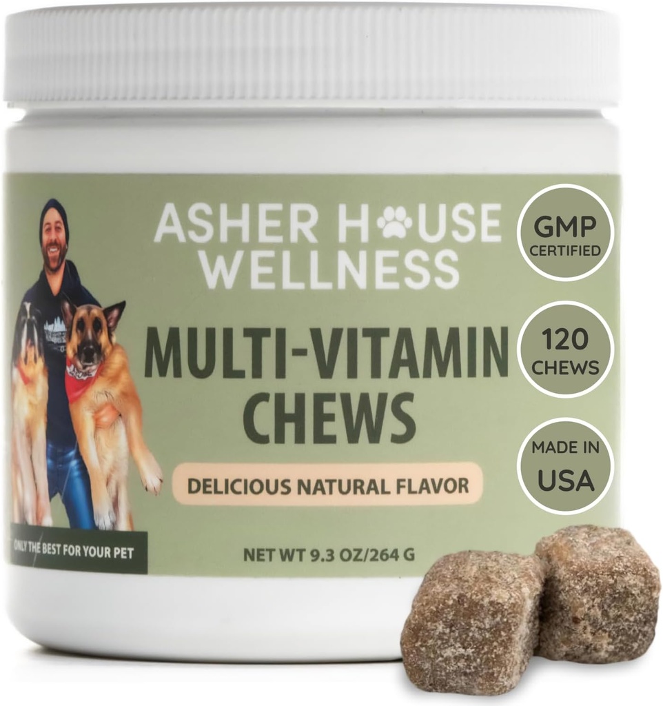 Asher House So Dog Multivitamin Chews - ויטמינים לכלבים ותוספים, Soft Chew for Pet Dogs with Probiotics, Flaxseed, Colostrum -ve Health Support from Puppy לבוגר, 120 צ'אדות