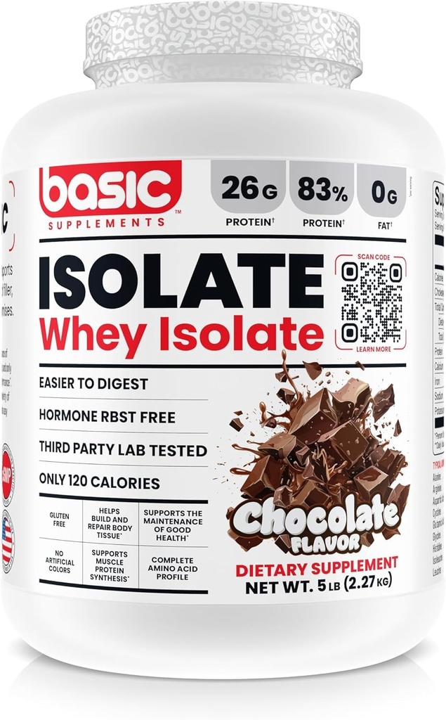 חלבון Whey Basic Isolate, 26g חלבון, 0g שומן, Gluten-Free, RBST-Free, Rapid Absorption, 120 קלוריות (5 פאונד, שוקולד)