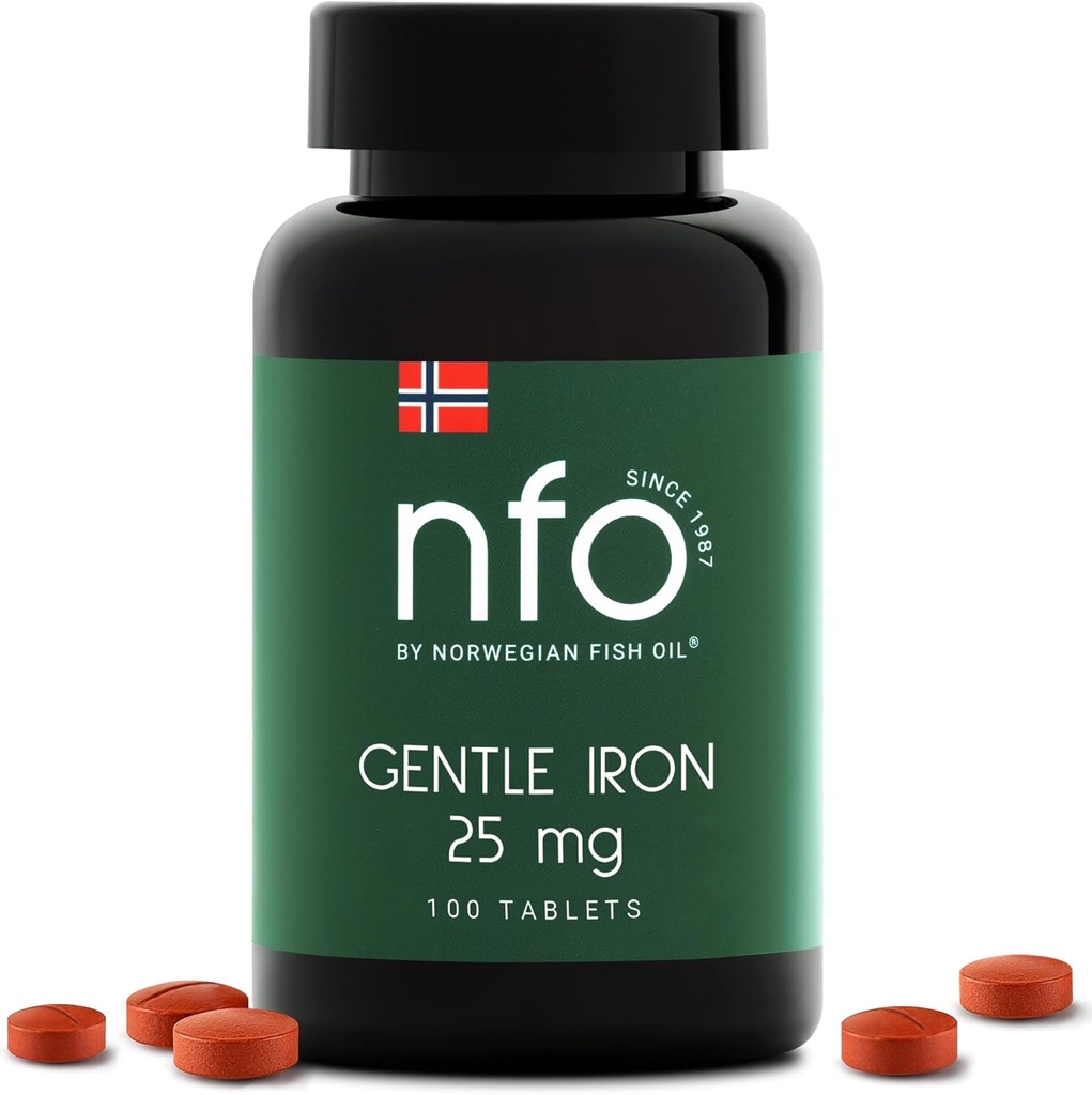 NFO Gentle Iron (100 טבליות) Norwegian High-Absorption Iron Complex with Patented Ferrochel Chelated Iron, Gentle on the Stomach, Vegan-Friendly, Non-Constipating