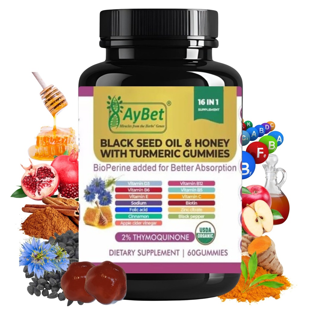 Black Seed Oil & Honey with Turmeric Gummies with BioPerine, Apple Cider Vinegar, Biotin, Zinc & ויטמין C D3 B12 - Immune, Detox, Energy & Hair Skins תמיכה - 60 טבעוני, Halal, אורגני חניכיים