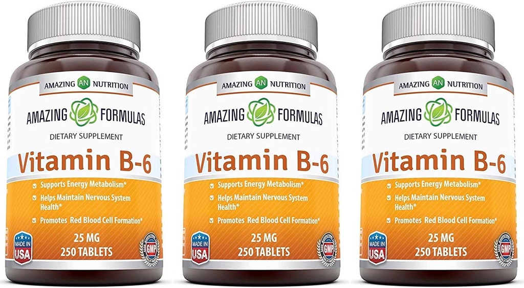 פורמולה מדהימה ויטמין B6 Pyridoxine 25 מ"ג 250 טבליות תוסף | Non-GMO | Gluten Free | Made in USA (3 Pack)