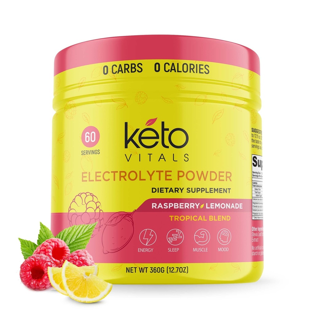 אבקת Keto Vitals אלקטרוליט - אבקת סוכר חינם Keto אלקטרוליט עם Potassium, Magnesium, Sodium, & Calcium - No Sugar Electrolyte drink Mix & hydrotion אבקת, 60 משרתים, Raspberryade