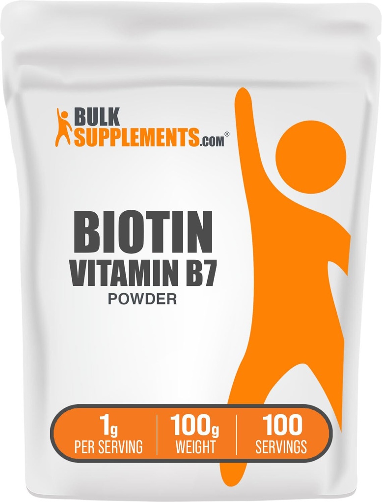 BulkSupplements.com Biotin 10000mcg אבקת - ויטמין B7, ויטמינים לשיער, עור וציפורים - Gluten Free, 1g לכל מנה (10 מ"ג ביוטין), 100g (3.5 oz) (Pack of 1)