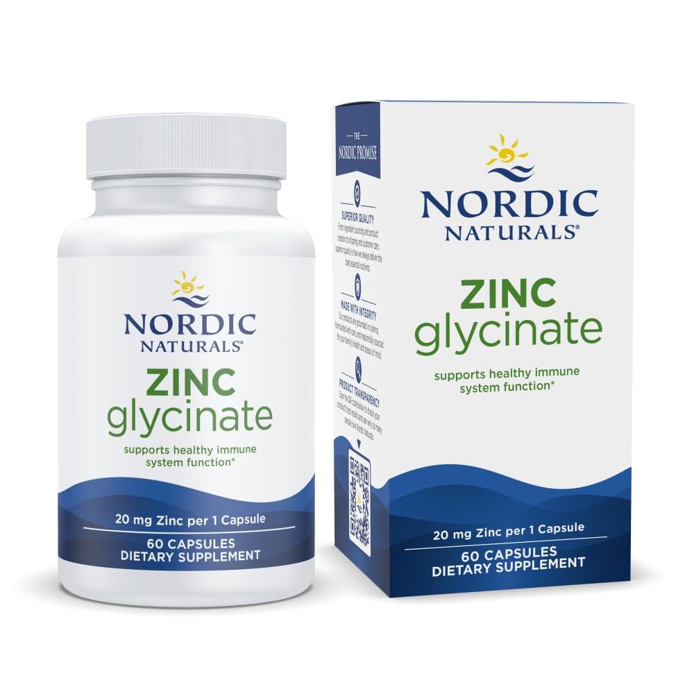 Nordic Naturals Zinc Glycinate - 60 קפסולות - 20 מ"ג גבוה Absorbable Zinc Glycinate - Optimal Wellness - Non-GMO, Gluten Free, טבעוני - 60 משרתים