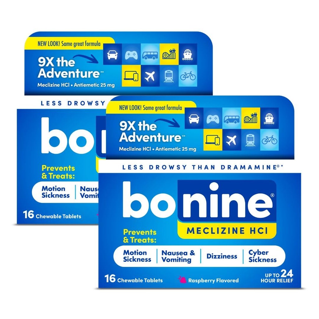Bonine Non-Drowsy Motion Diseaseness - 32 טבליות צ'וגבל עם Meclizine HCL 25 מ"ג - תרופה לא Drowsy עבור Nusea או תנועה מחלה - Cruise Essentials - Raspberry Flavor