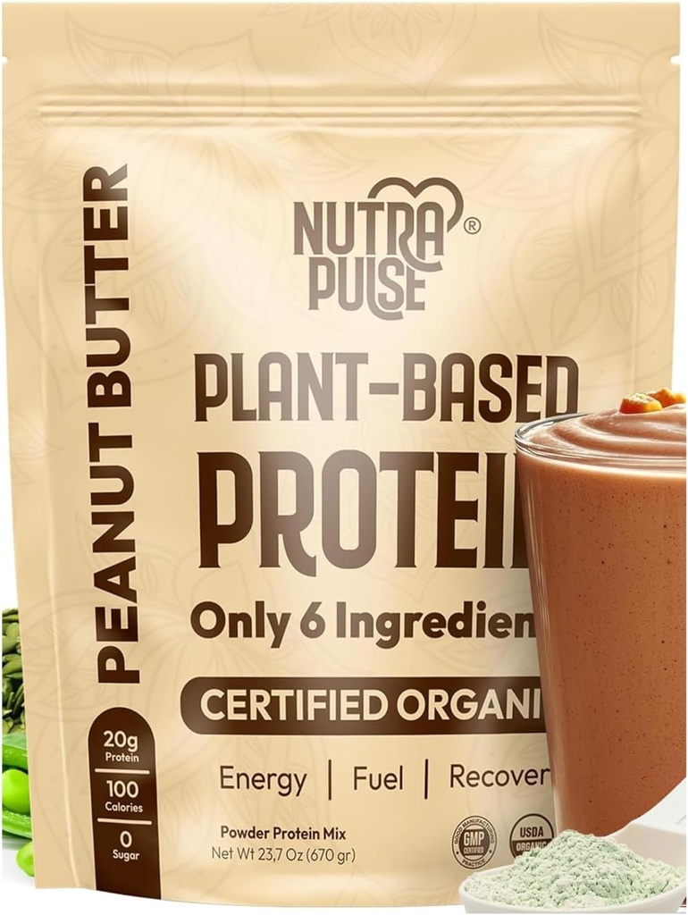 אבקת חלבון טבעונית אורגנית - Peanut Butter Flavor, Plant-based, Gluten-Free, non-GMO, Soy-Free, 20g חלבון Per Serve, אידיאלי עבור Smoothies, Shakes, Baking, Cooking (1 Pack, 20 משרתות)