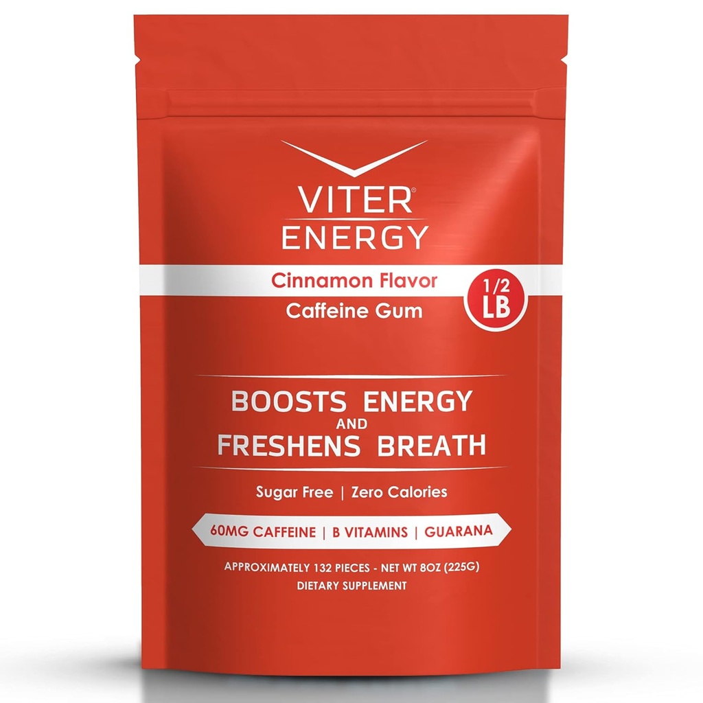Viter Energy Caffeinated Gum 60mg Caffeine, B ויטמינים, Guarana, סוכר חינם (Cinnamon, 8oz, Bulk Bag)