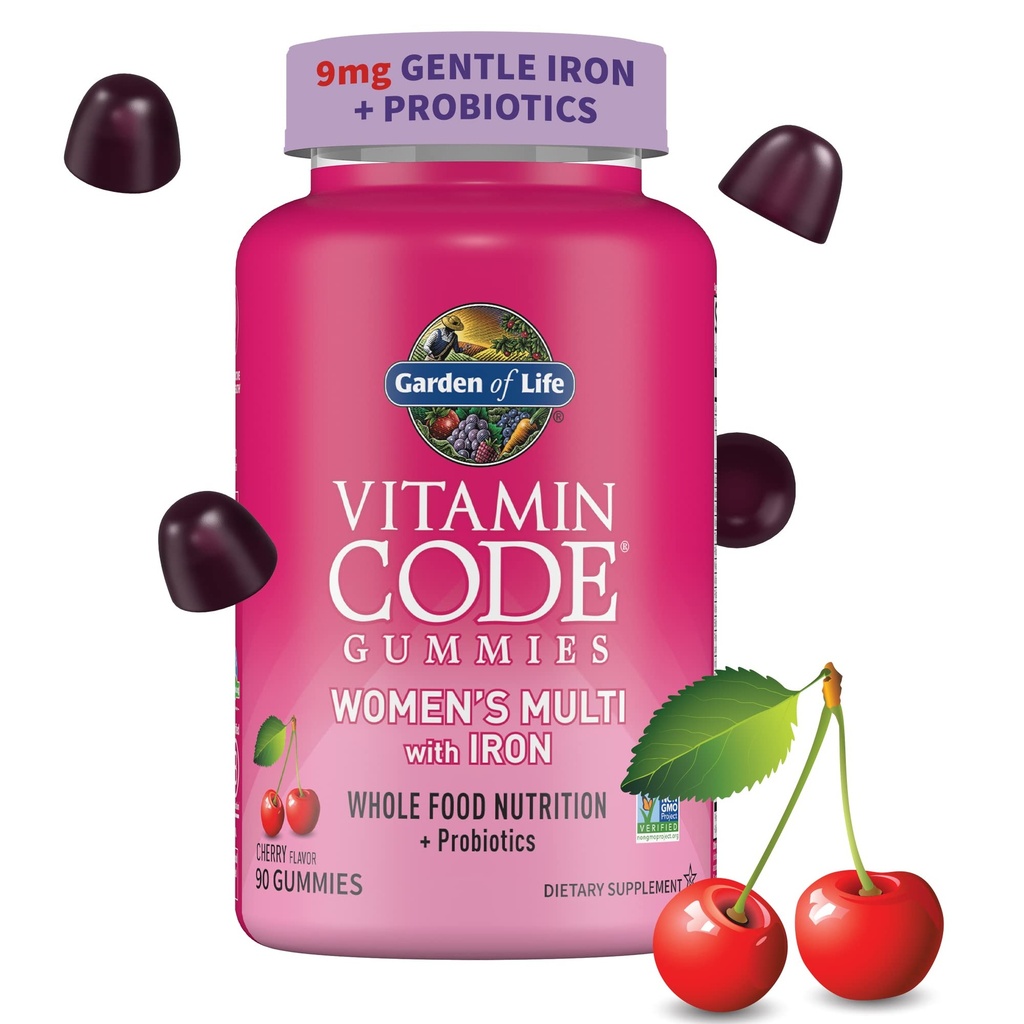 גן החיות של הקוד הנשי של Multivitamin Gummy עם ברזל: Folate, Biotin, D3 & B12 לשיער, Skin & Nails + Probiotics for Immune Health & Digestion, non-GMO, Gluten-Free 90 Cherry Gummies