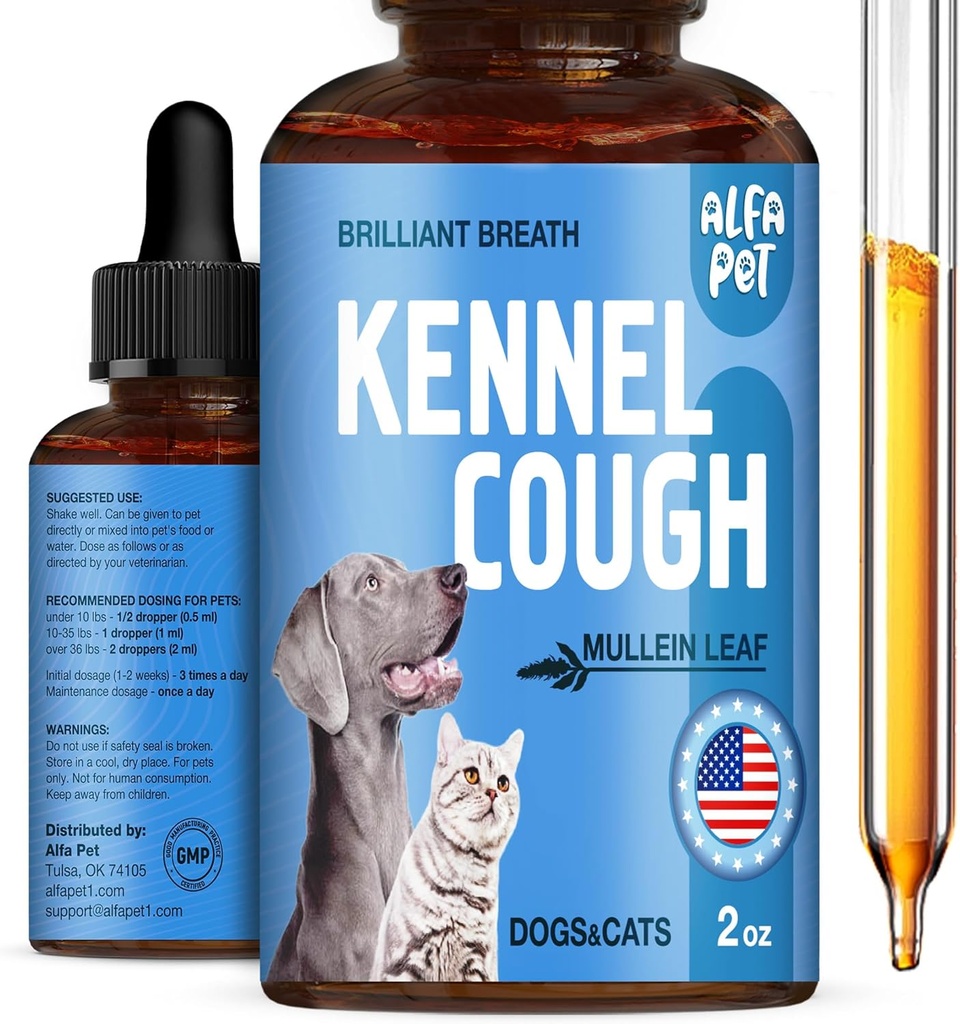 כלב Cough Treatment נוזלי - Kennel Cough for Dogs & Cats - for Breathing in All Life Cycle - Marshmallow Root + Mullein in the Structure - תוסף טבעי עבור All Breeds - 2 Oz