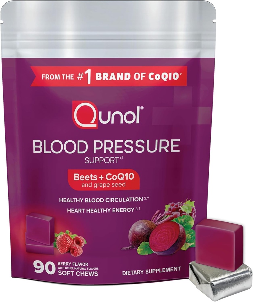Qunol Beets Chews for Blood Pressure Support, 3 מתוך 1 Beets + CoQ10 + Grape Seed Extractd Extract, תומך דם בריא מחזור אנרגיה בריאה, 90 צ'יפס