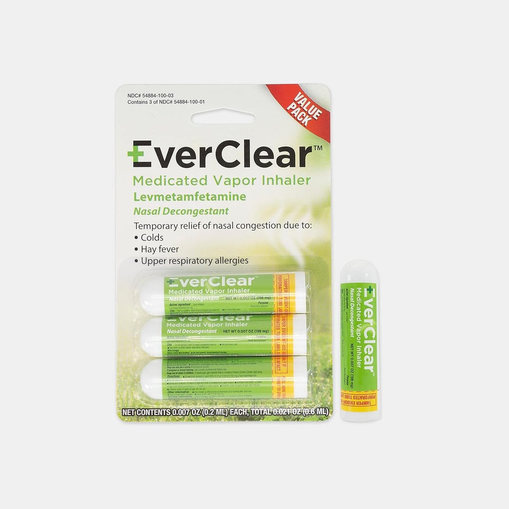 EverClear Medicated Vapor Inhaler, Nasal Decongestant for Colds, Hay Fever, and Upper Respiratory Allergies, 0.2 מ"ל, 3 Pack