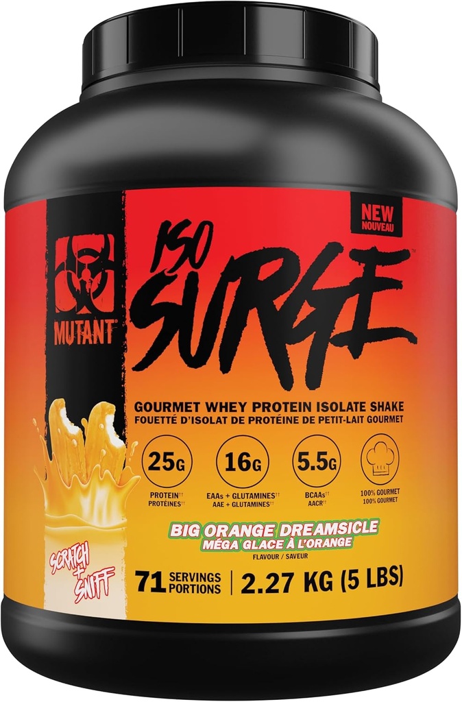 המוטאנט ISO Surge Whey חלבון Isolate אבקה לפעול במהירות כדי לעזור לשחזר, לבנות שריר, בולק וכוח (5 פאונד, קרם כתום גדול)