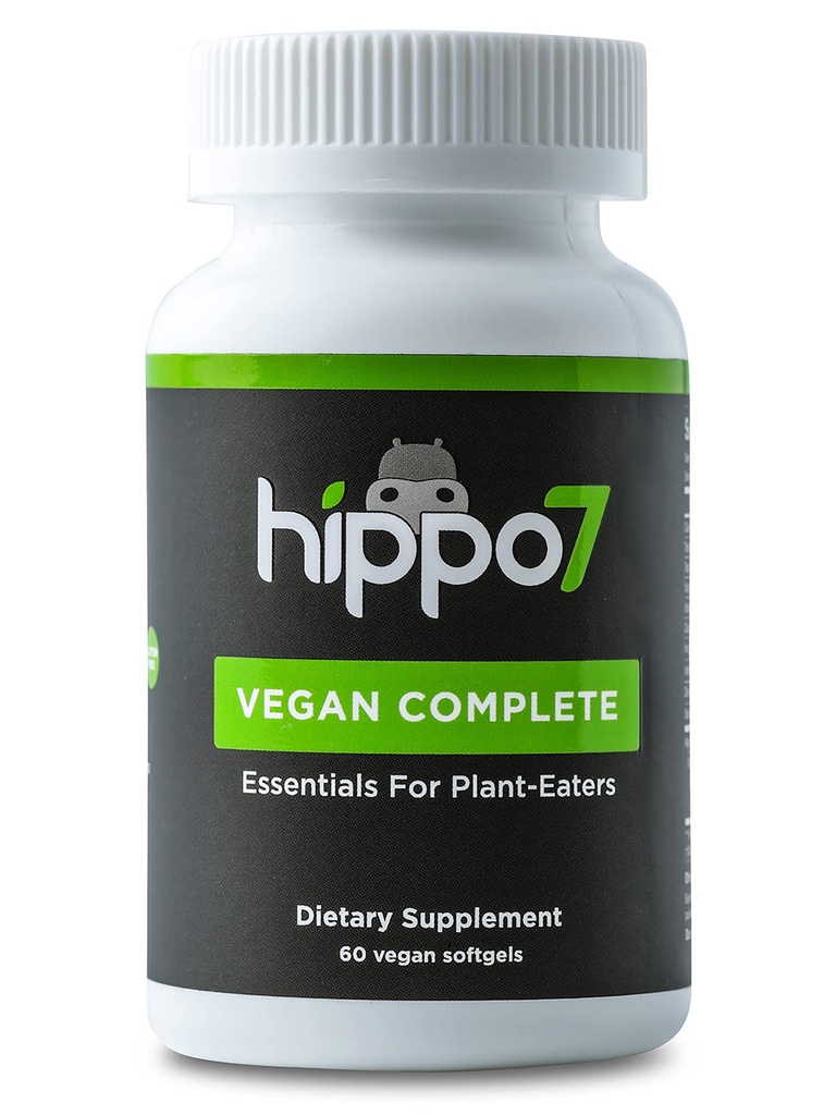 hippo7 טבעוני מלא ויטמין B12, ויטמין D, אומגה 3 DHA+EPA, Calcium, Iodine, Zinc & Iron (1 בבקבוק, 60 Softgels)