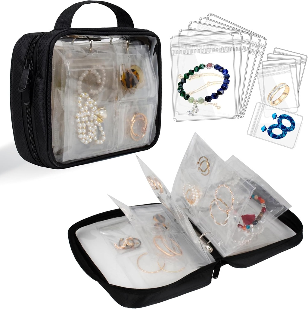 תכשיטי נסיעות מארגנת Case Transud תכשיטים אחסון ספר Binder Bag for Earrings, טבעות, תכשיטים, Bracelet, Black