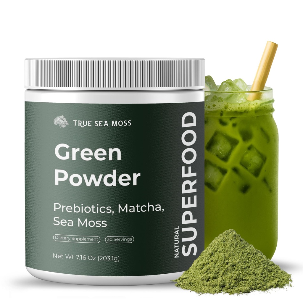 אבקת Super Greens עם Matcha for Digest & Gut Health - 25 אורגני Superfoods עם Probiotics, Prebiotics, Enzymes & Sea Mosss - אבקת Superfood עבור Bloating & סדירות - 30 משרתים