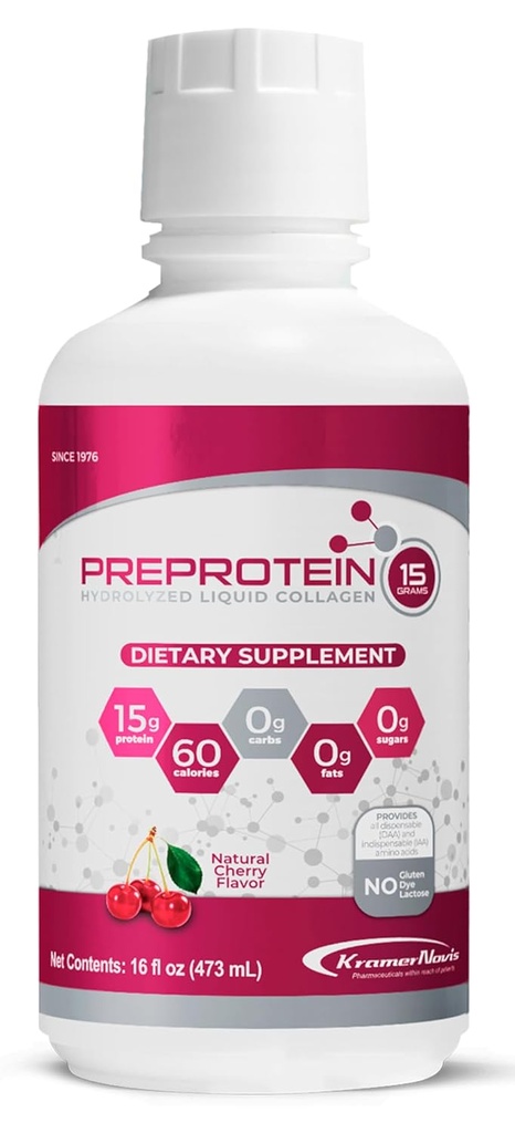 PreProtein 15® נוזל hydrolyzed Collagen Peptides חלבון (16 FL Oz) - סוכר חינם, צ'רי פלאפור, Amino Acids, Fat Free & Gluten Free for Bariatricמטופלים, Wound Recovery, דיאליזה