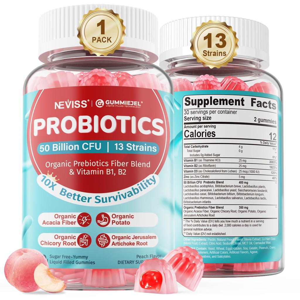 NEVISS Probiotic + Prebiotics for Adults & Kids, Sugar Free Chewable 50 מיליארד CFUs w/Fiber, ויטמין B1 B2 D3 & Zinc, for Digestive & Gut Health, Boost Microflora גיוון, 60 Cts