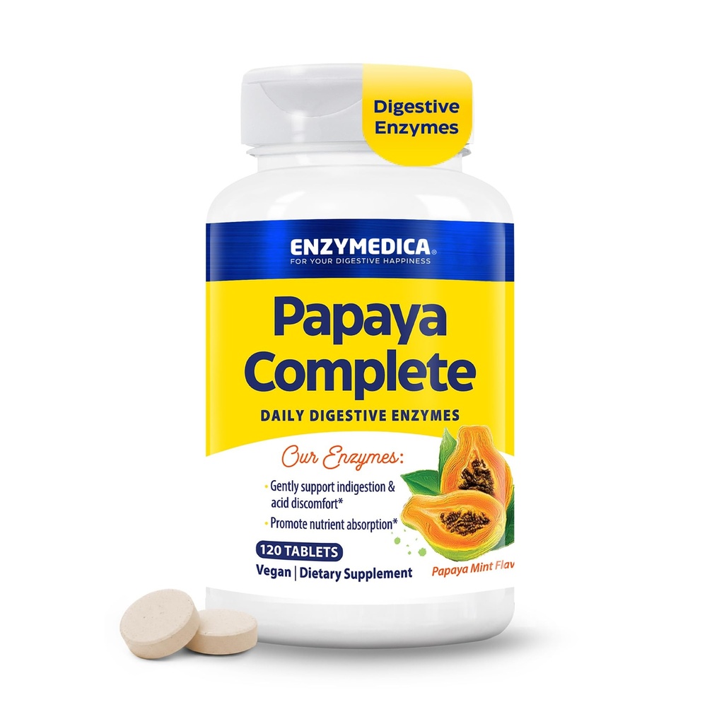 Enzymedica Papaya Enzymes Chewable, Enzymes for Women and Men, with Organic Papaya Juice and Chlorophyll, High Potency Bromelain & Papain, טבעוני, Mint Flavor, 120 טבליות