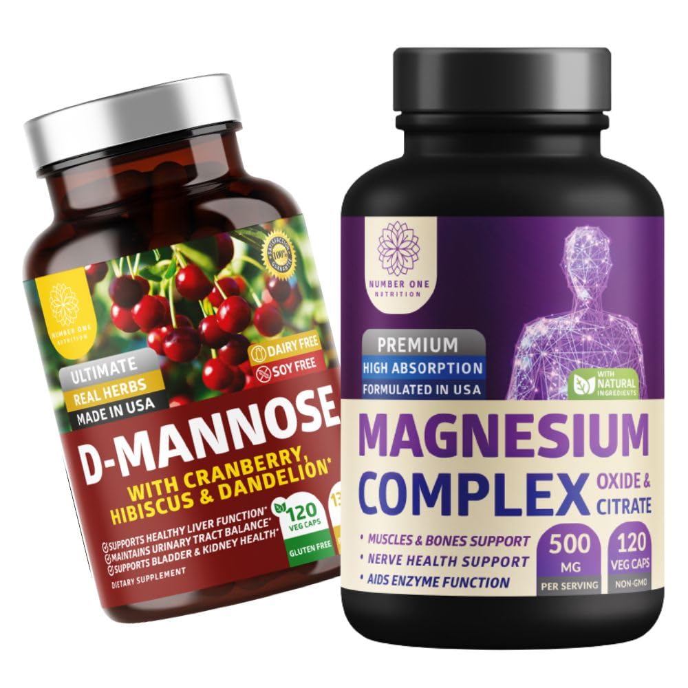 מספר אחת של תזונה N1N Premium Magnesium Complex [500mg] High Absorption ו- D-Mannose [1350 מ"ג עם Cranberry & Hibiscus], Non-GMO ו- Gluten-Free, 2 Pack Bundle